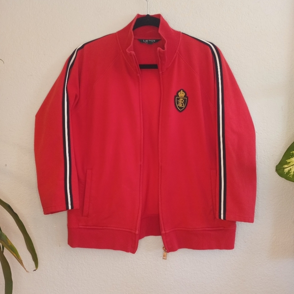 Lauren Ralph Lauren Jackets & Blazers - Vintage 80s Lauren Ralph Lauren Classic Preppy Red Logo Striped Sleeve Hoodie